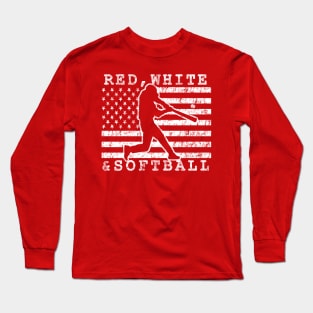 Red White and Softball American Flag USA Fastpitch Softball Fan Long Sleeve T-Shirt